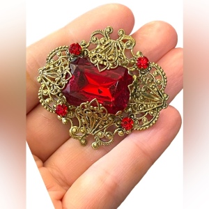 1930s Vintage Brass Filigree Big Red Stone Pin Brooch West Germany