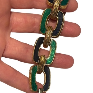 Vintage David Hill Green black enameled 1970s geometric link bracelet gold fin