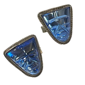 Vintage Mexico 1950s Blue Paste Glass Carved Aztec RARE 925 Sterling cufflinks