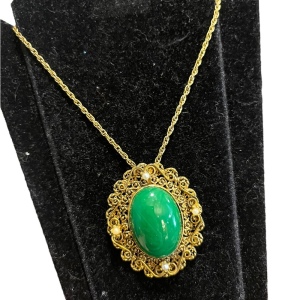 Lovely vintage gold finish ornate Victorian Revival green glass pendant …