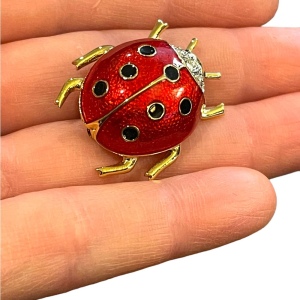 Vintage 1990s Dorlan crystal enameled lady bug brooch gold finish