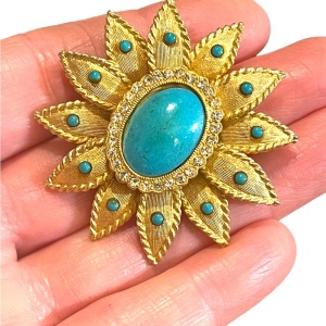 Vintage Faux teal Turquois brooch pendant fancy flower large brushed gold finish