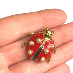 Vintage Marvella lady bug brooch enamel colorful gold finish stamped