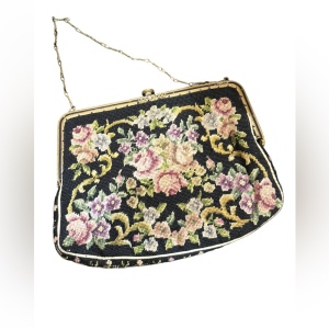 Antique Petite point fancy flowers ornate brass metal purse wristlet