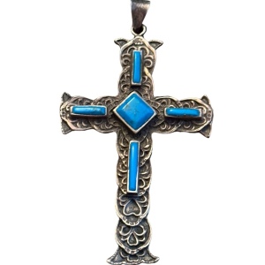 Antiqued vintage Sterling silver turquoise Gothic cross 925 pendant