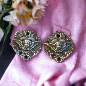 Art Nouveau Deco Antiqued Sterling silver raphaels angel heart earrings 925