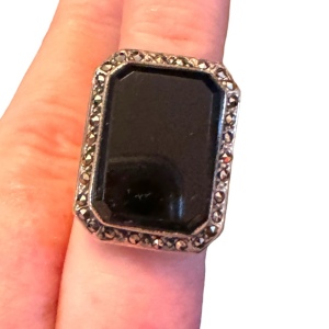 Vintage Sterling silver 925 Black Onyx art deco style marcasite statement ring