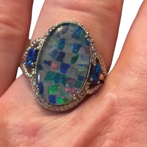 MULTI COLOR MOSAIC OPAL TRIPLET RHODIUM STERLING SILVER RING 925