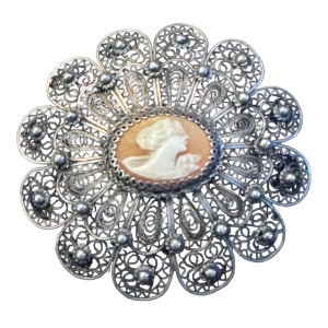 Vintage 1940s Filagree shell cameo fancy brooch 800 silver