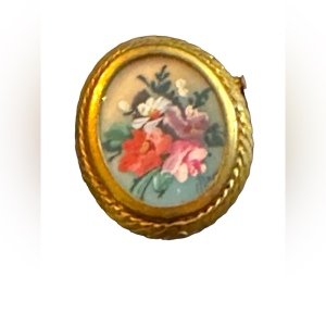 Vintage hand painted 1930s brass signed handpainted flower cameo brooch