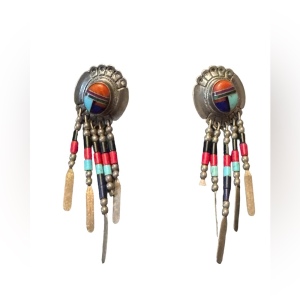 QT Native American sterling silver handmade earrings, 925 fringe, Zuni, Navajo