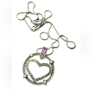 Sterling silver 925 fancy marcasite heart amethyst pendant necklace