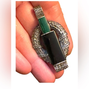 Antique Sterling silver marcasite Malachite black onyx art deco pendant brooch