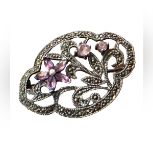 Vintage sterling silver art deco styled amethyst flower marcasite brooch