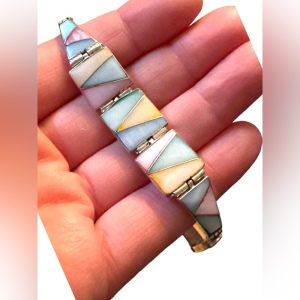 Vintage silver pastel colorful mother of pearl MOP fancy bracelet