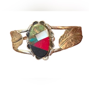 Old Pawn silver hand made Gemstones inlay southwestern leaf cuff bracelet