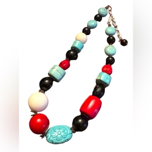 Lovely Handmade Sterling silver coral turquoise black onyx statement necklace