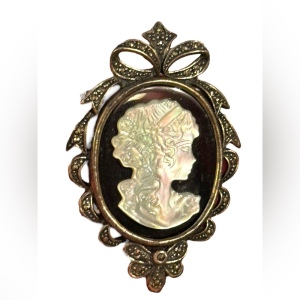 Large Sterling Silver Cameo Marcasite Mother of Pearl Sterling Pendant Brooch