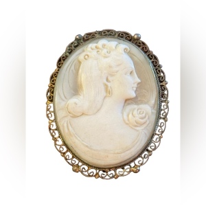 Vintage 1940s carved shell filagree bezel Cameo brooch pendant silver 800