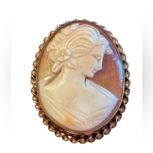 Vintage gold fillled carved shell cameo brooch pendant victorian lady