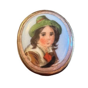 Antique aged Swedish hand painted resin:ceramic cameo style brooch