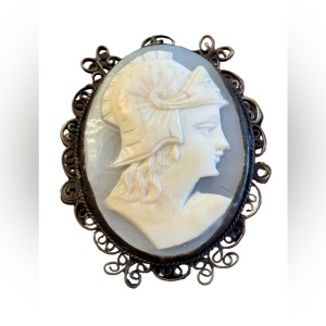 Vintage sterling silver 1940s Large shell cameo Roman soldier filagree brooch