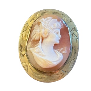 Vintage Gold filled Carved shell cameo etched bezel victorian lady