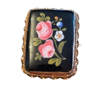 Antique Hand Painted Blue Flower Black Enamel Brooch Ornate Gold Lg Art Nouveau