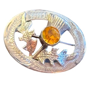 Vintage sterling silver amber crystal Scottish thistle brooch