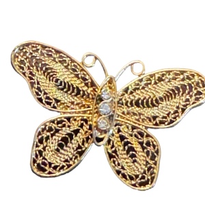 Vintage gold finish fancy filagree butterfly brooch with crystal embellishment