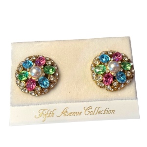 Vintage 1980s Fifth Ave Butler gold round colorful crystal clip on earrings