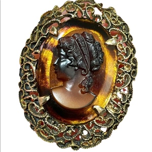 Vintage gold finish faux amber large fancy ornate cameo brooch