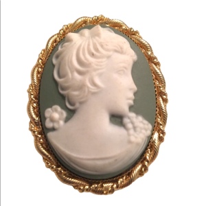 Ceramic Gold finish green clay Cameo brooch pendant vintage