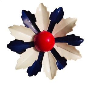 Vintage 1960s Metal flower Brooch enamel Red White Blue