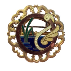 Vintsge gold finish enameled swan in pond brooch