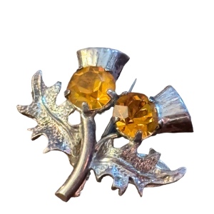 Vintage sterling silver 925 Small thistle amber crystal brooch