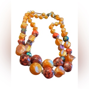 Vintage 1960s Orange double strand plastic fancy colorful necklace CZECH