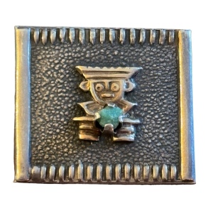 Antiqued 900 Silver PERU Emerald Inca Incan square brooch