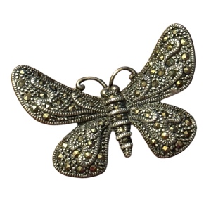 Vintage large Sterling silver 925 antiqued ornate Marcasite butterfly brooch