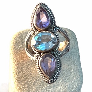 Vintage Sterling oblong amethyst topaz ornate ring Bali