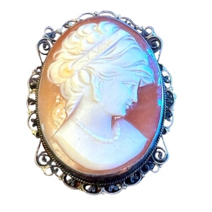 Vintage 800 silver antiqued large carved shell cameo brooch pendant