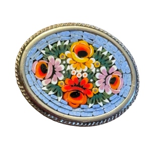 Vintage Italian Italy Micro Mosaic flowers glass oval brooch silver metal finish