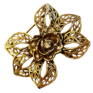 Vintage gold antiqued filagree flower design brooch