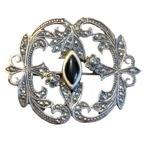 Sterling silver 925 marcasite black onyx art deco style brooch