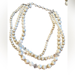 Antique art deco milk glass crystal gold accent multi strand CZECH Necklace