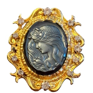 Vintage ornate hematite gold finish crystal embellished Cameo style brooch