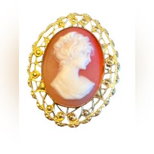 Lovely gold finish filagree bezel vintage resin cameo brooch