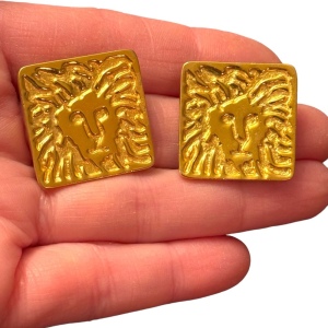 Vintage 1980s Ann Klein Gold finish ornate LION chunky square earrings