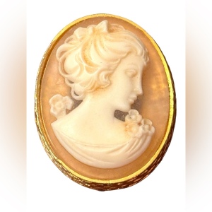 Vintage gold finish art deco style resin cameo brooch