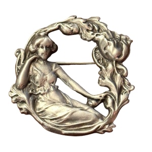 Art Nouveau Style Silver Plate Lady in Repose with Flowers Brooch Repousse